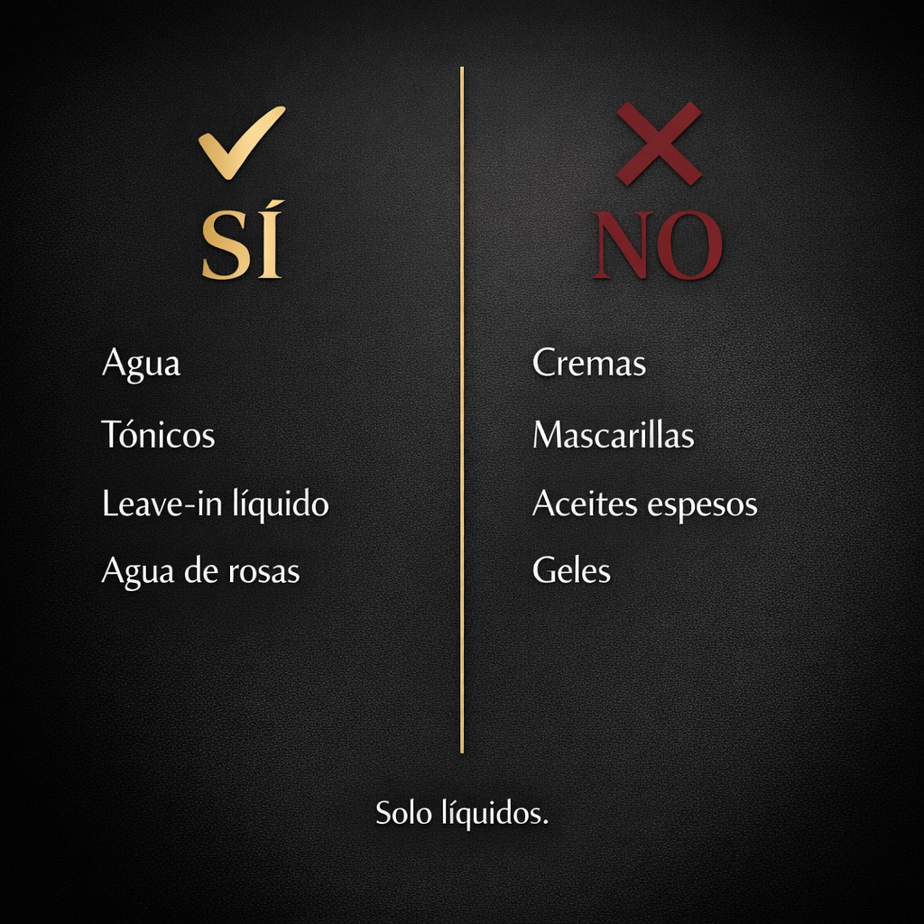 Sí: agua, tónicos, leave-in líquido. No: cremas, mascarillas, aceites espesos
